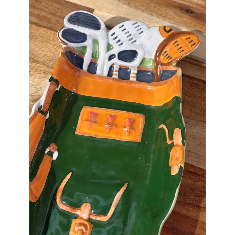 Vintage Golf Bag Ceramic Trinket Dish Hand Painted Green Orange Catchall Tray - Picture 3 of 6